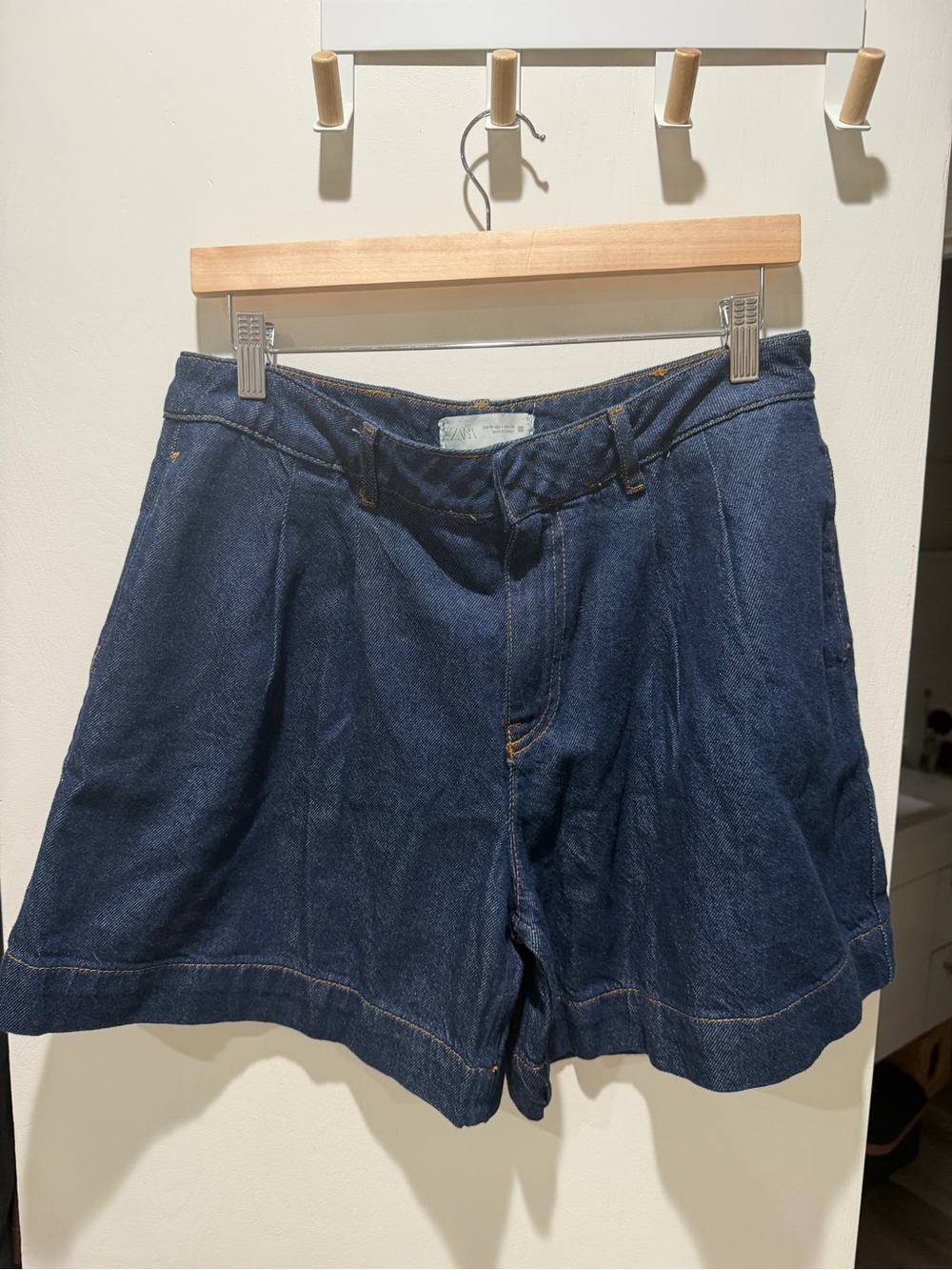 Zara Dark Blue High-Waist Pleated Denim Shorts